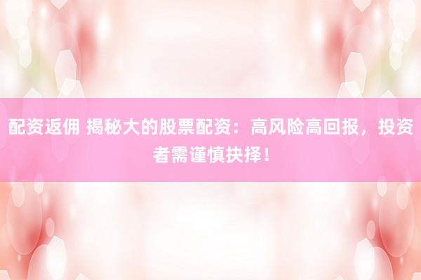 配资返佣 揭秘大的股票配资：高风险高回报，投资者需谨慎抉择！